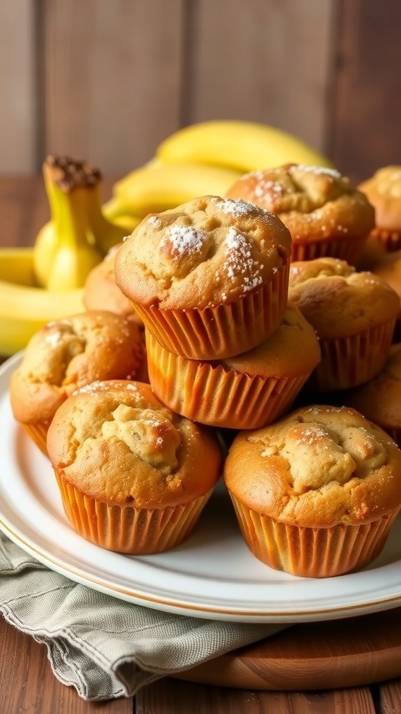 Freshly baked banana bread muffins on a plate with ripe bananas in the background.